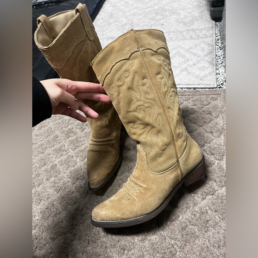 Aldo Womens Tan Suede Pointed Toe Cowboy Boots 6.5 Western Leather Brown Beige.